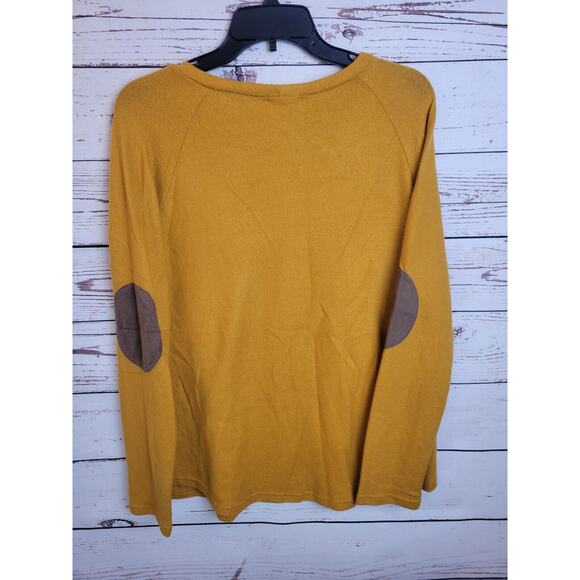 Betsey's Boutique Shop Mustard Elbow Patch Fleece Sweater Women's Size Large - Picture 2 of 7
